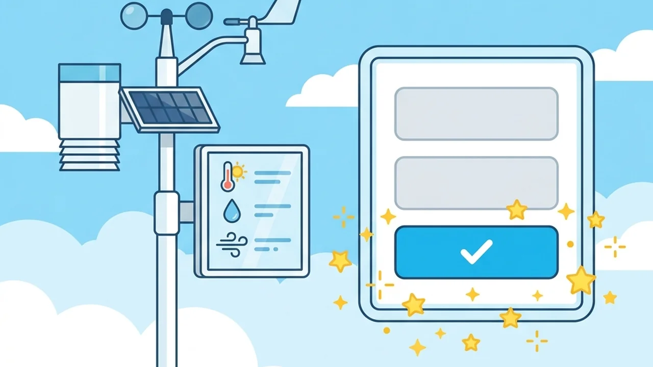 Instruments d'une station météo — anémomètre, pluviomètre et thermomètre — sous un ciel ensoleillé